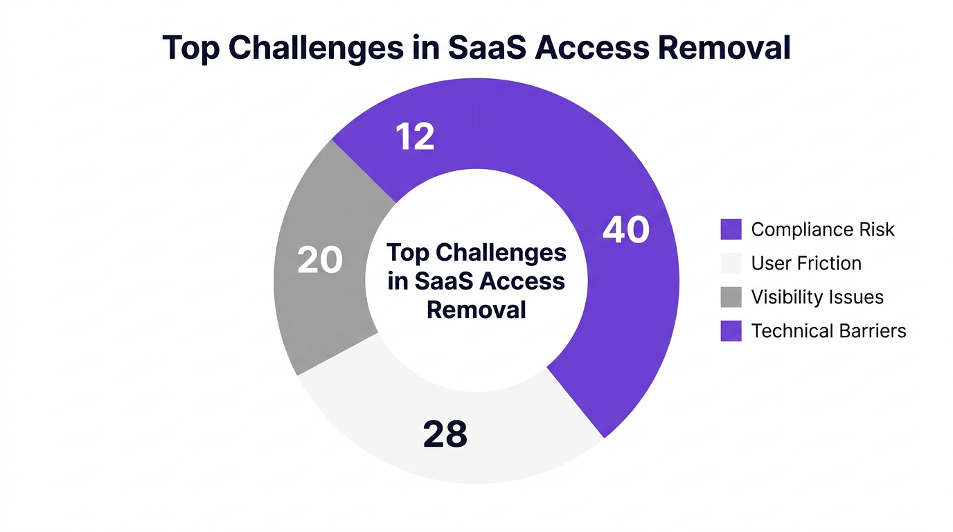 Pie chart showing top challenges in saas access removal , data visualization for share of reported challenges (%)