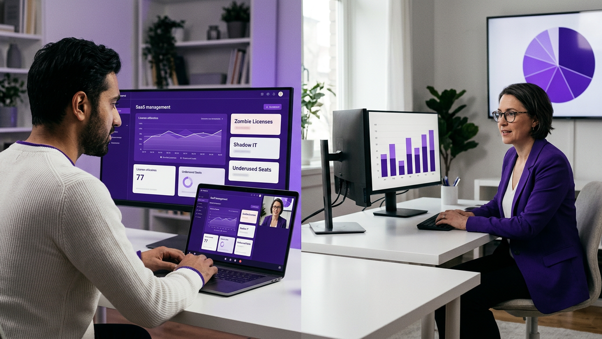 Remote IT and finance professionals on a video call reviewing SaaS cost dashboards showing license utilization and spend leaks