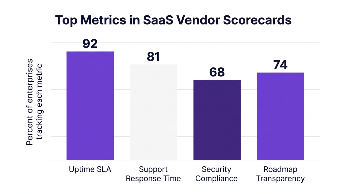 Bar chart showing top metrics in saas vendor scorecards — data visualization for percent of enterprises tracking each metric