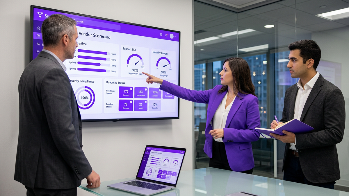 Cross-functional enterprise IT and procurement team reviewing a SaaS vendor scorecard dashboard on a large meeting room screen