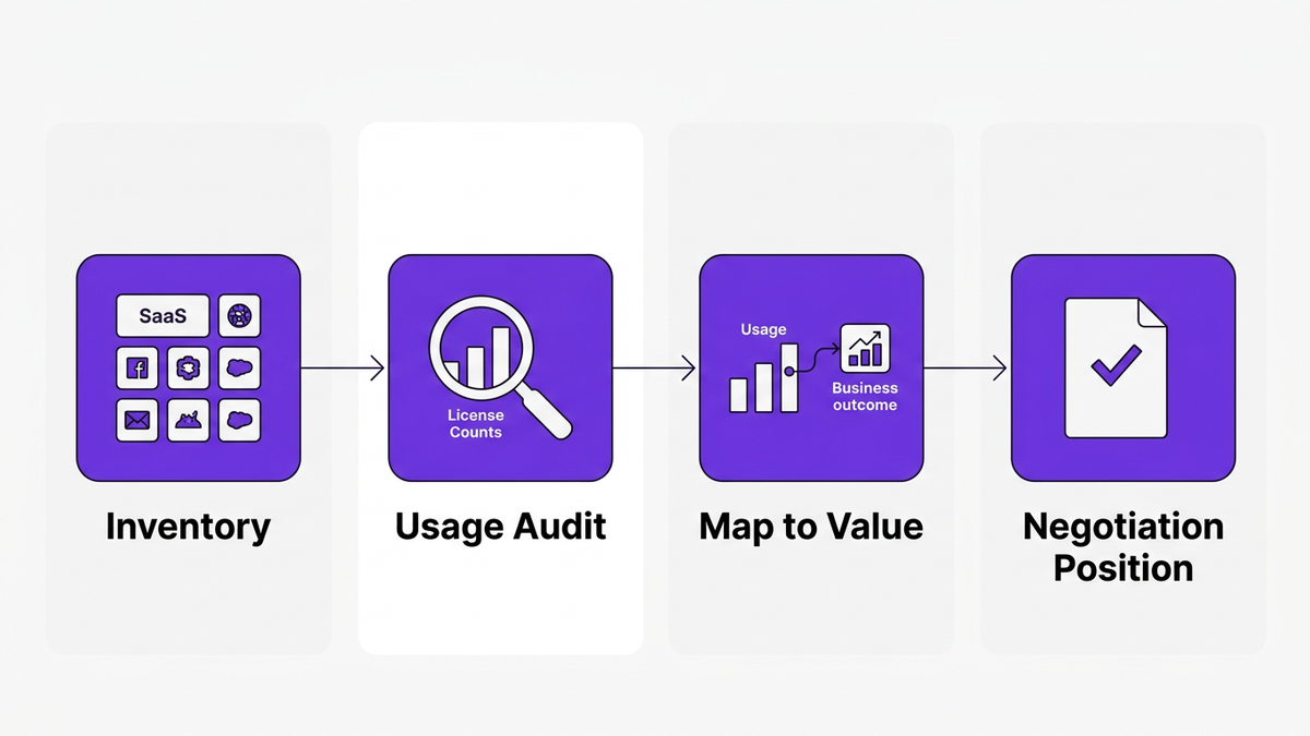 Four-step process illustration showing how to build a negotiation-ready SaaS usage dataset: Inventory, Usage Audit, Map to Value, Negotiation Position