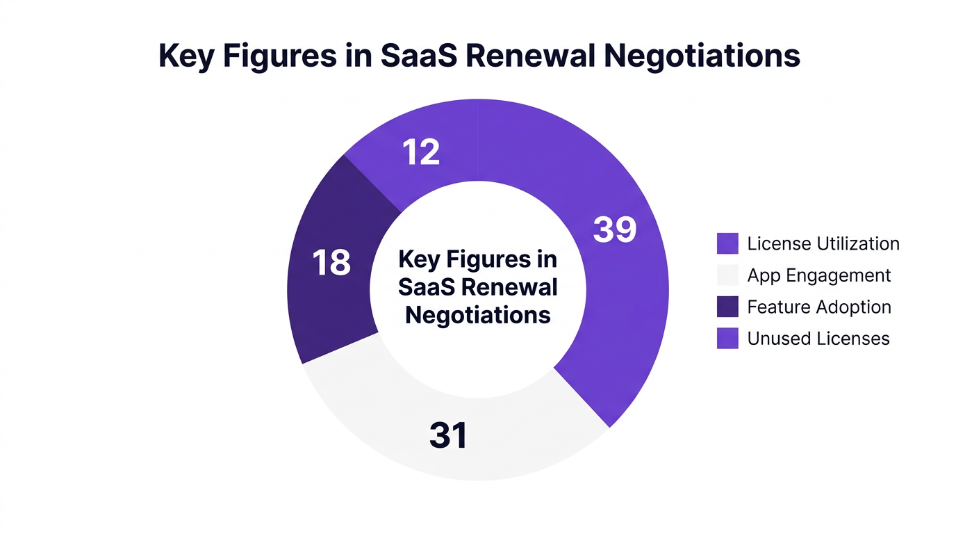 Pie chart showing key figures in saas renewal negotiations — data visualization for share of enterprises citing each figure as primary input (%)