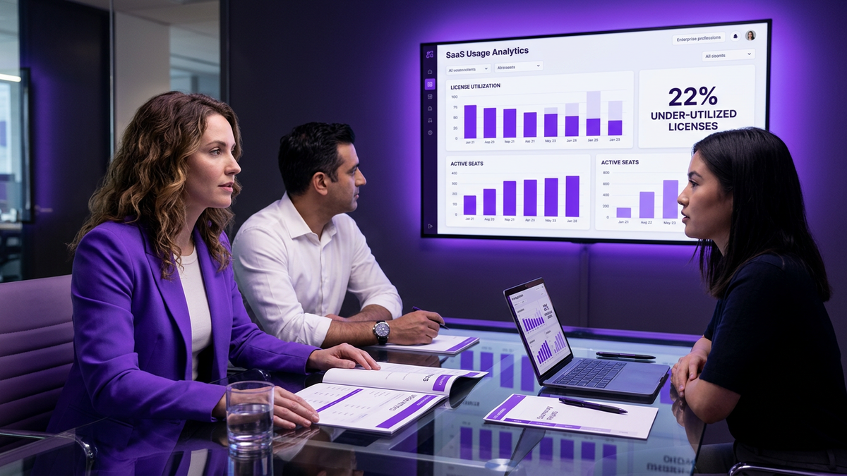 Enterprise IT and procurement professionals collaborating in a meeting room while reviewing SaaS analytics dashboards on a large screen