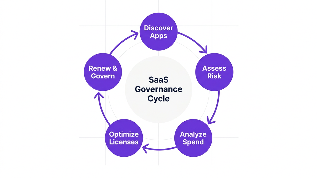 Circular flow diagram showing the five-step recurring SaaS governance cycle: Discover Apps, Assess Risk, Analyze Spend, Optimize Licenses, Renew and Govern