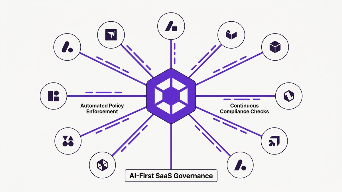 Flat illustration of a central AI governance hub applying automated policy checks to multiple SaaS app icons connected around it
