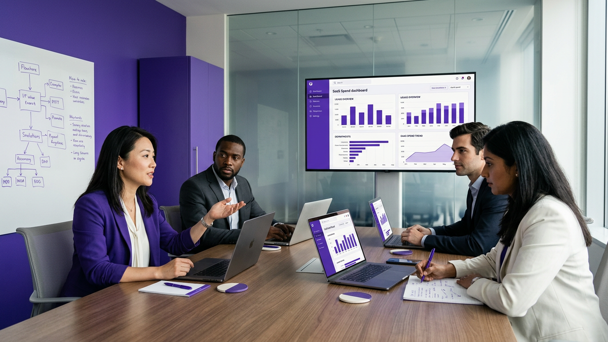 Diverse IT and procurement professionals collaborating in a modern meeting room reviewing SaaS dashboards on laptops and a large display