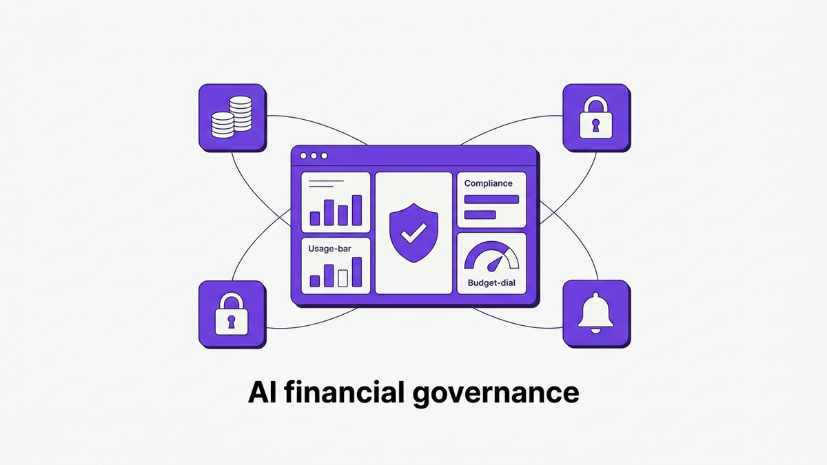 Flat editorial illustration of an AI financial governance dashboard with orbiting governance elements