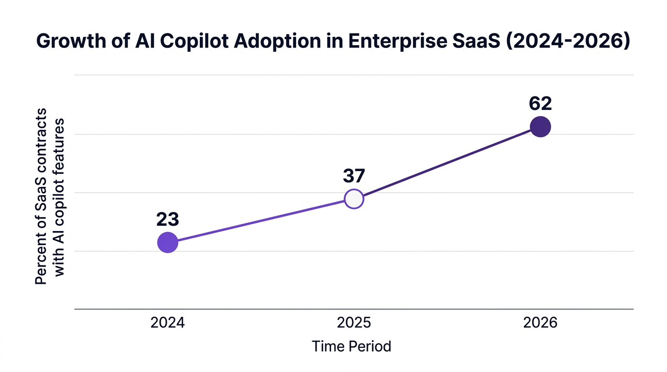 Line chart showing growth of ai copilot adoption in enterprise saas (2024-2026) — data visualization for percent of saas contracts with ai copilot features