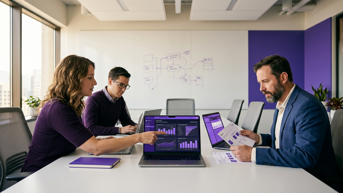 Enterprise IT and finance team members collaborating around a table with laptops showing analytics dashboards in a modern meeting room