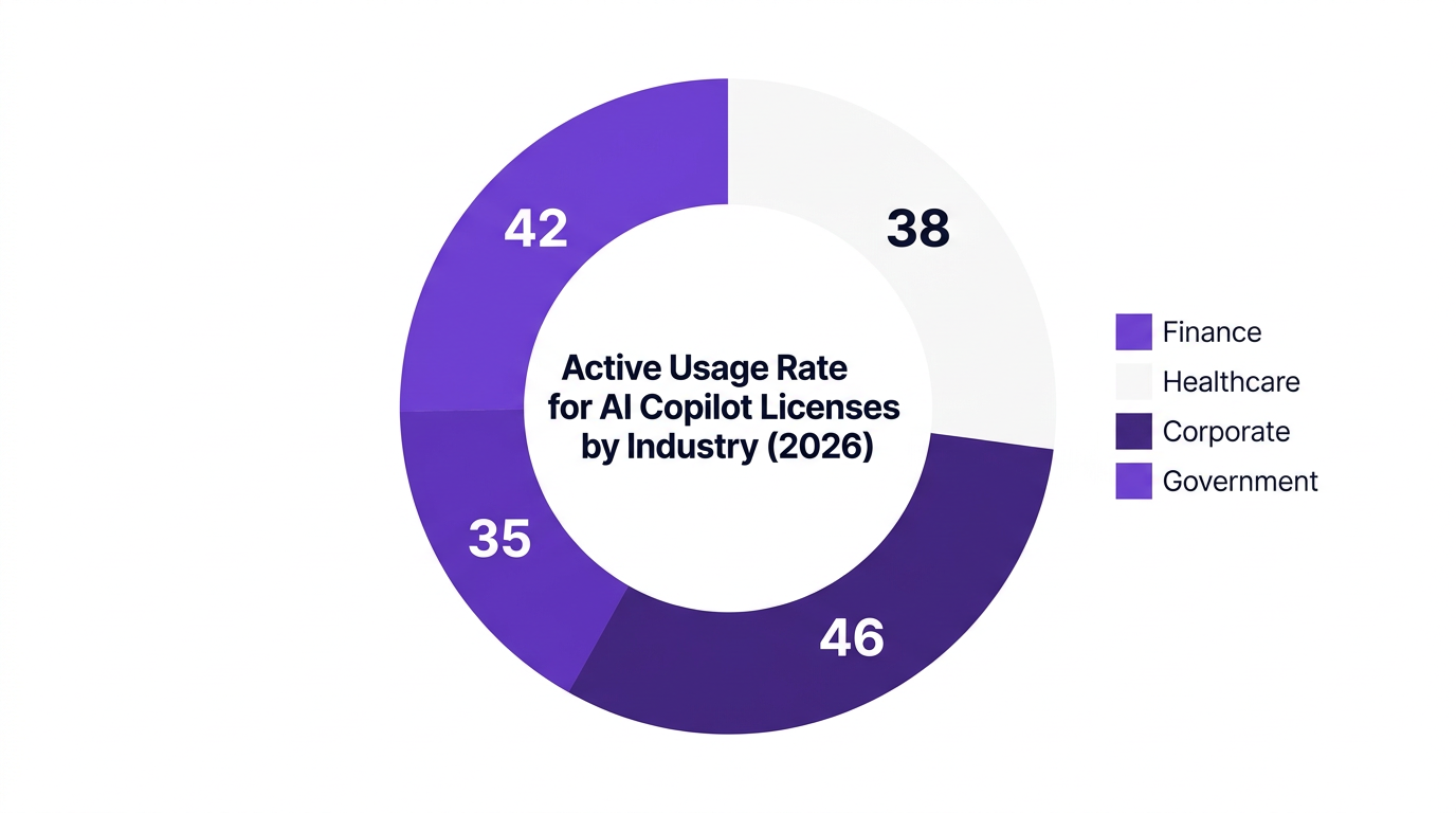 Pie chart showing active usage rate for ai copilot licenses by industry (2026) — data visualization for percent of purchased ai copilot licenses actively used