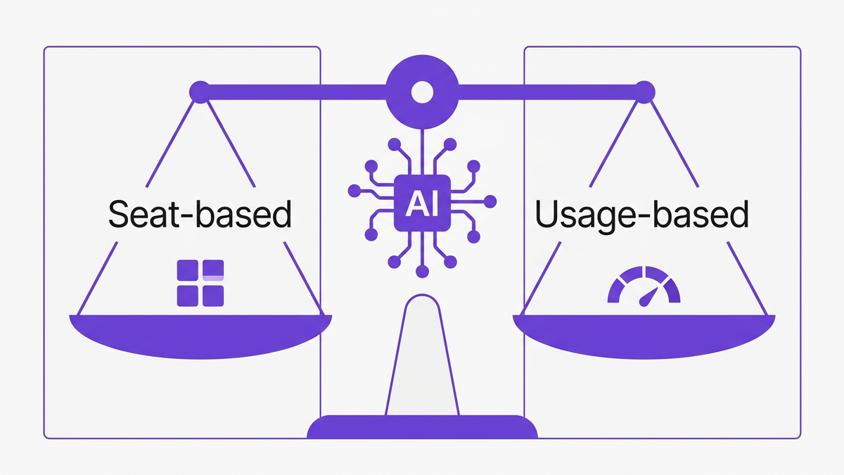 Flat editorial illustration showing the tradeoff between seat-based and usage-based AI copilot pricing models as balanced scales