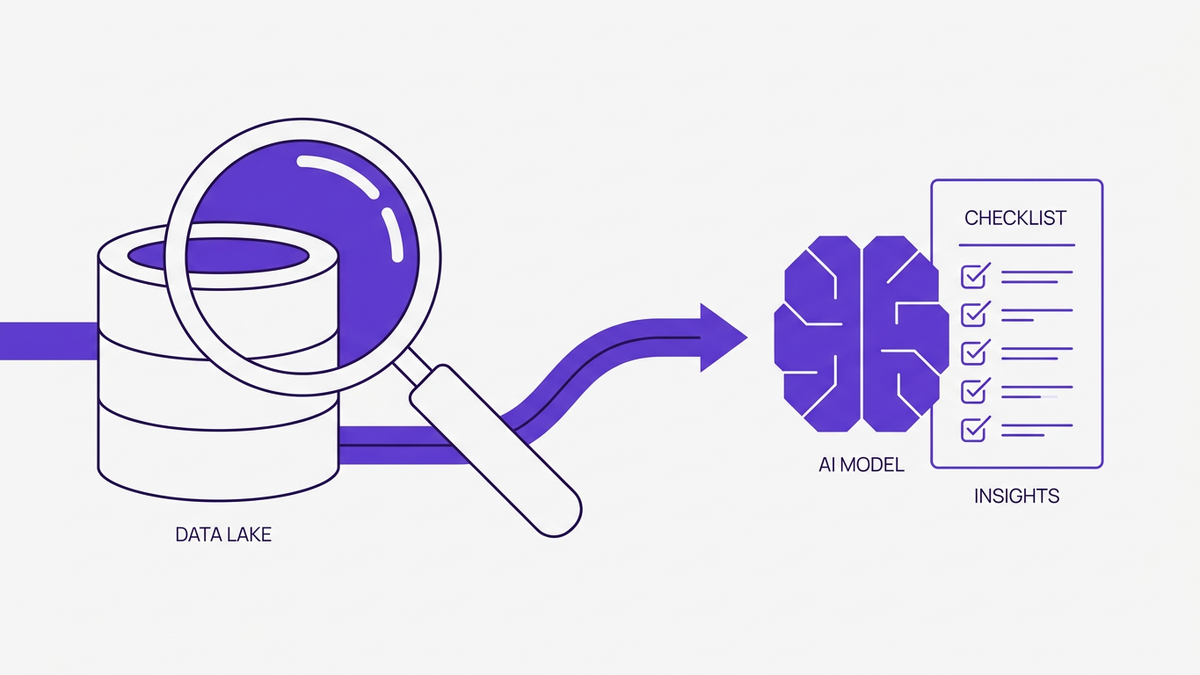 Flat editorial illustration of a magnifying glass inspecting a data lake feeding into an AI model and checklist, representing AI training data due diligence