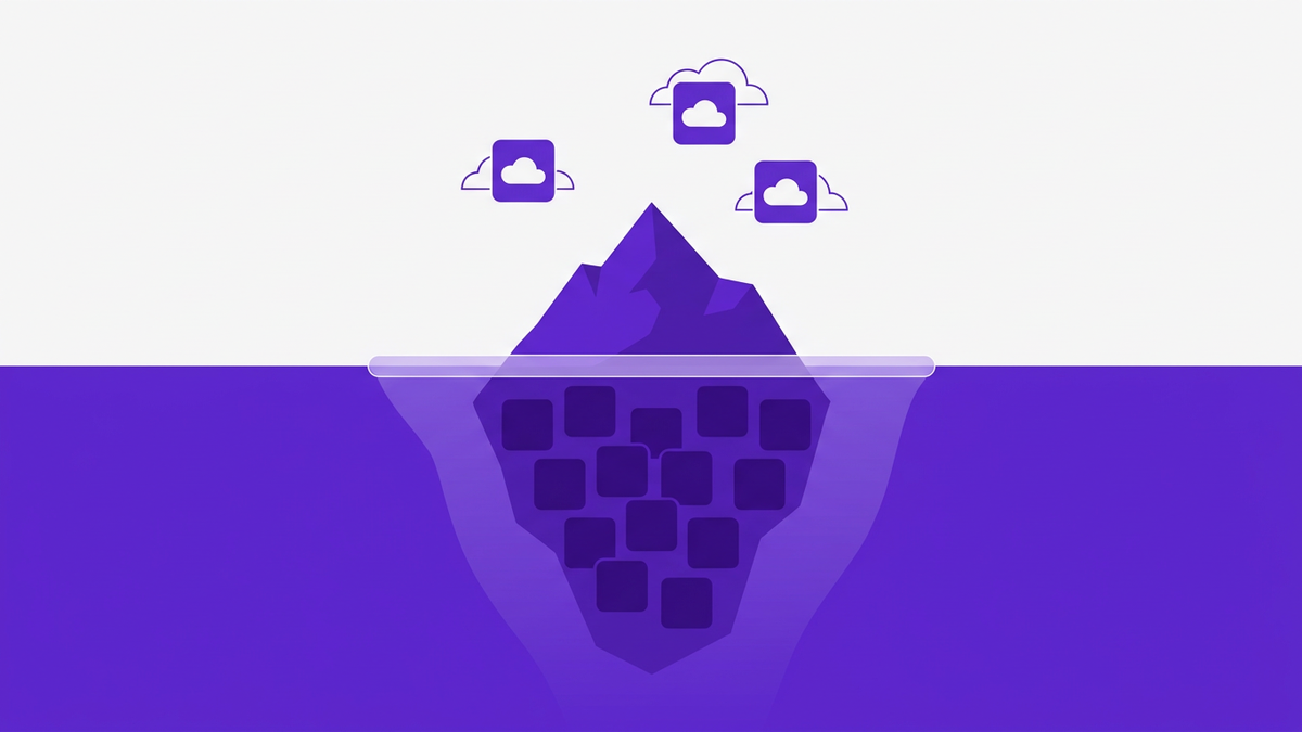 Iceberg illustration showing a few approved SaaS apps visible above the waterline and many hidden shadow IT apps submerged below