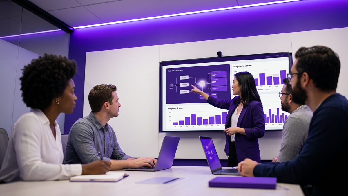 Diverse enterprise team collaborating in a modern meeting room, reviewing AI governance dashboards on a large wall screen