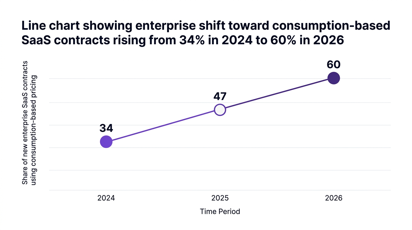 Line chart showing line chart showing enterprise shift toward consumption-based saas contracts rising from 34% in 2024 to 60% in 2026 — data visualization for share of new enterprise saas contracts using consumption-based pricing