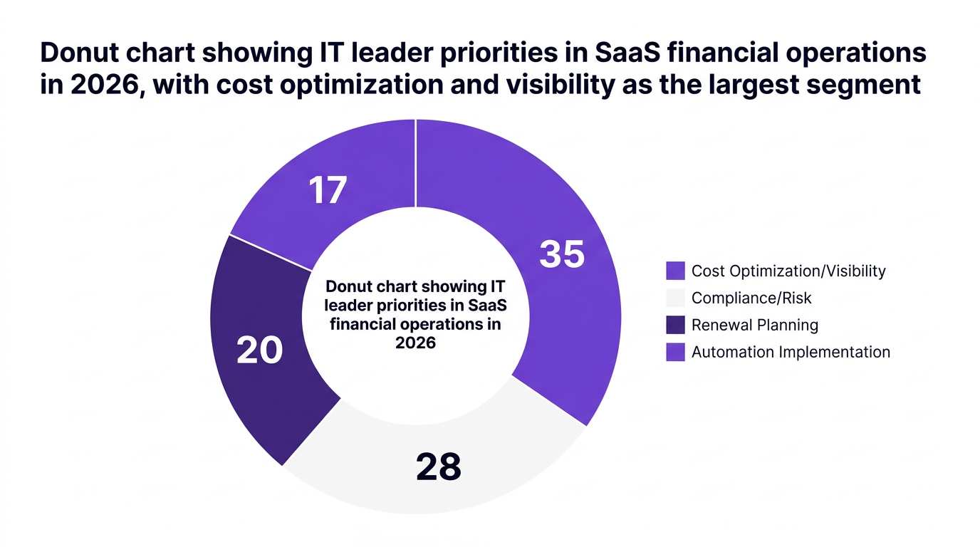 Pie chart showing donut chart showing it leader priorities in saas financial operations in 2026, with cost optimization and visibility as the largest segment — data visualization for share of respondents naming each area as top priority