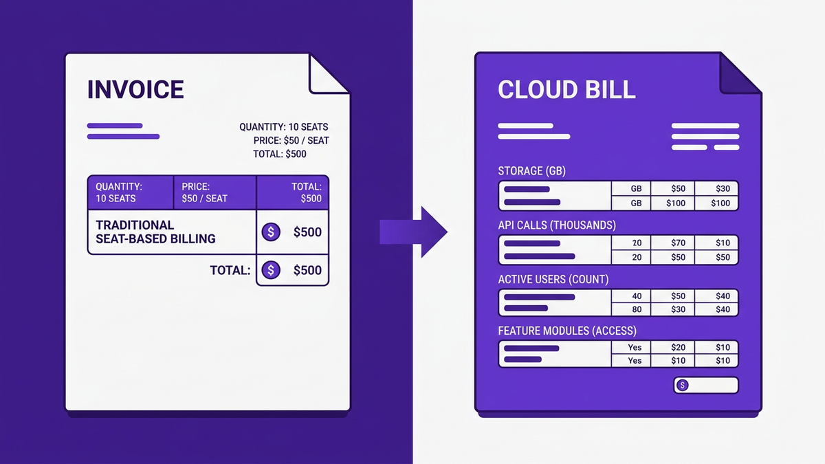 Flat editorial illustration comparing a traditional flat SaaS invoice with a detailed cloud-style metered bill