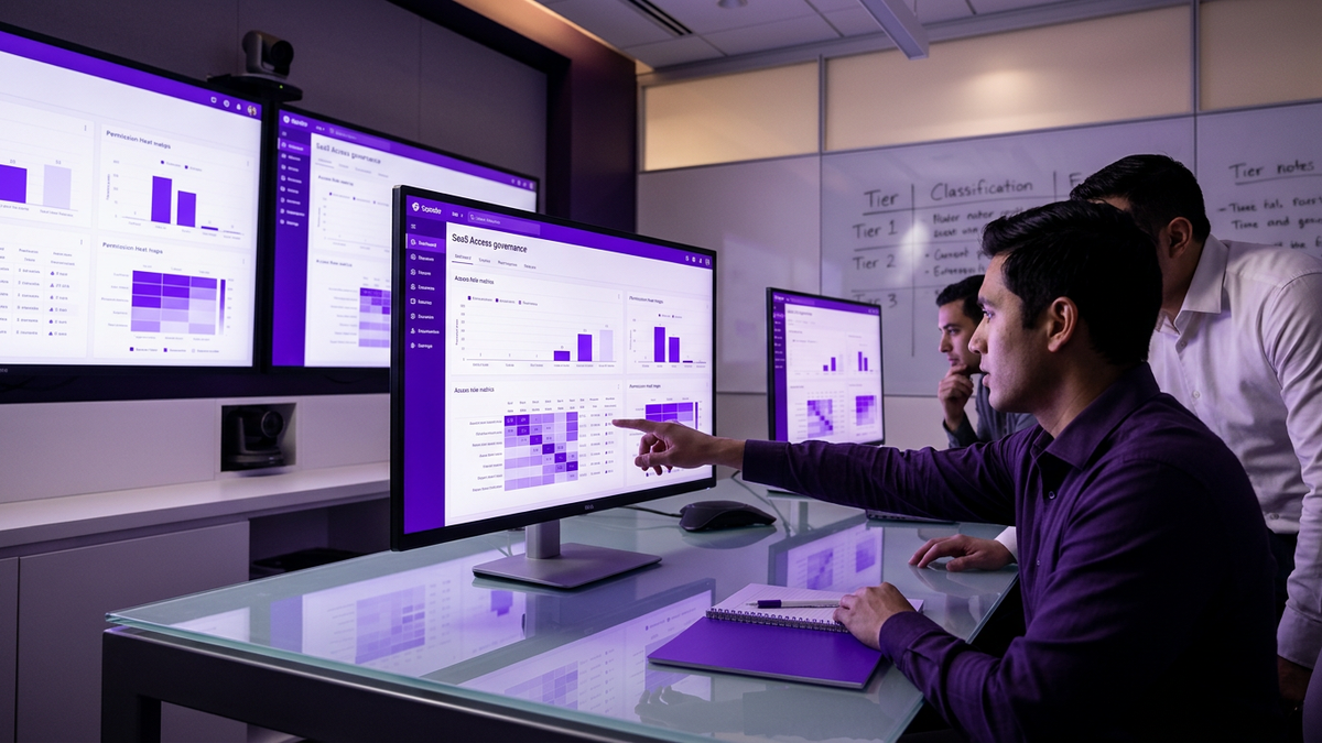 Enterprise security team reviewing SaaS access dashboards on large monitors in a modern meeting room