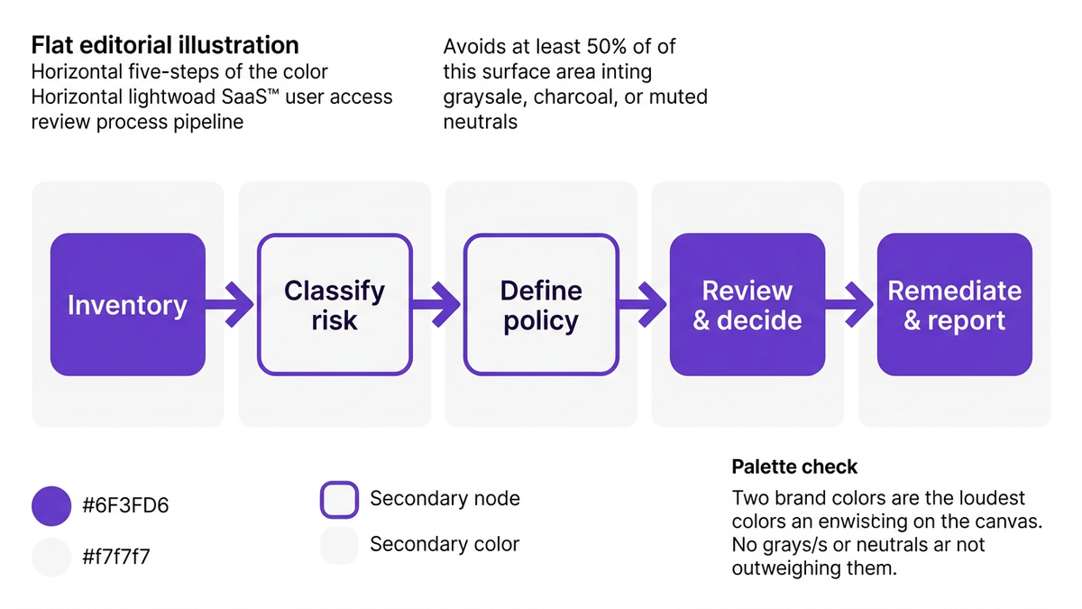 Five-step SaaS user access review process flow from inventory to remediation and reporting