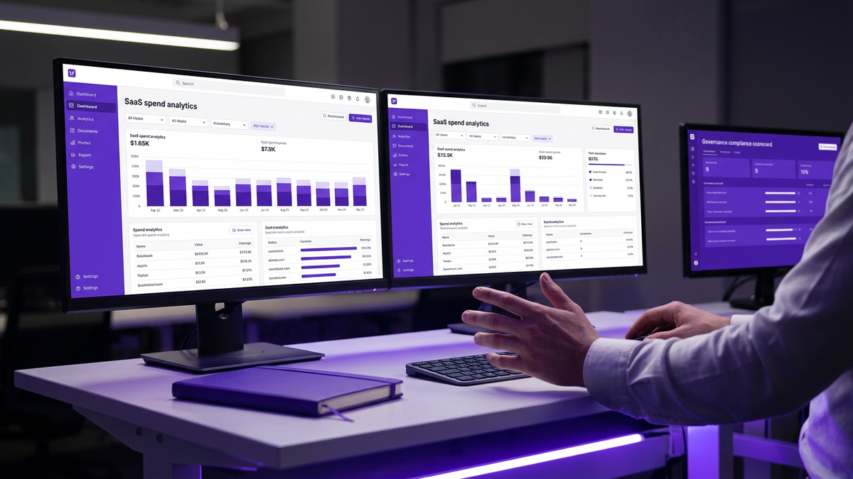 Close-up of a professional's hands analyzing SaaS spend dashboards on multiple monitors showing cost optimization metrics
