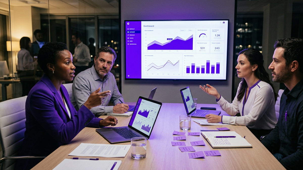 Enterprise IT and finance leaders collaborating at a conference table with outcome-based pricing dashboards visible on a large screen