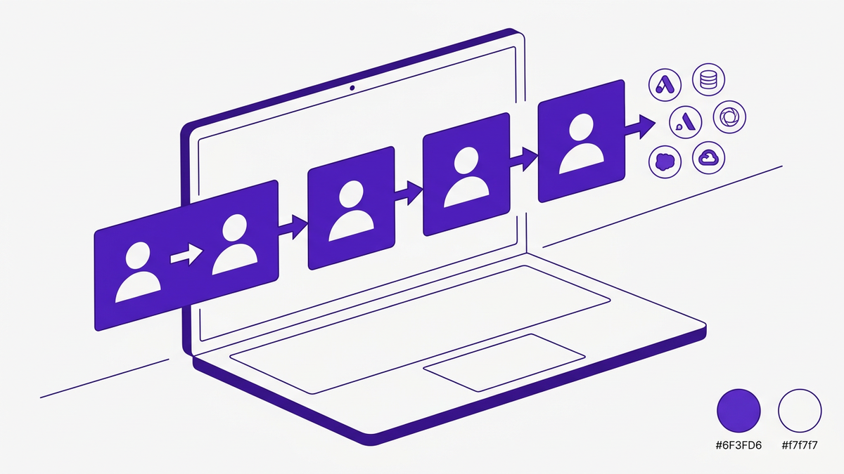 Flat illustration of a zero-touch automated SaaS onboarding and offboarding workflow showing user icons moving through sequential steps on a laptop UI