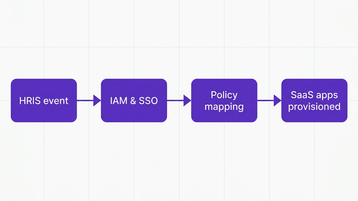 Process diagram showing HRIS event flowing through IAM and SSO, policy mapping, and into provisioned SaaS applications