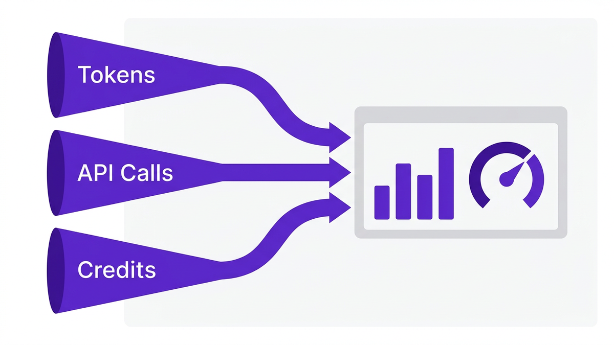 Flat illustration of three labeled streams — tokens, API calls, and credits — flowing into a central cost dashboard