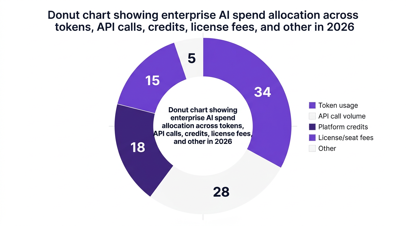 Pie chart showing donut chart showing enterprise ai spend allocation across tokens, api calls, credits, license fees, and other in 2026 — data visualization for share of total ai spend (%)