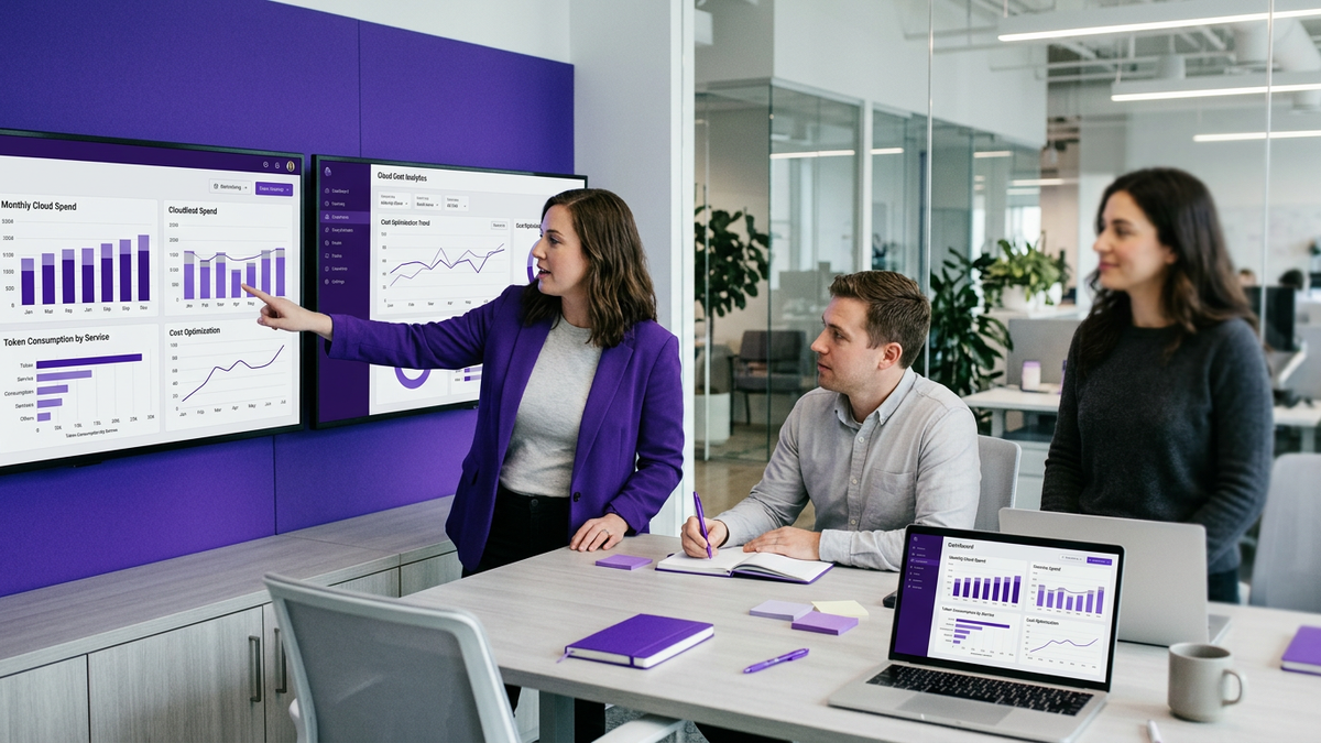 Enterprise FinOps team collaborating around large screens showing AI cost analytics dashboards in a modern office