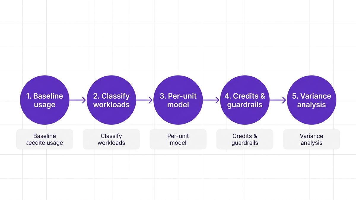 Five-step left-to-right flow diagram of the AI cost forecasting framework from baseline usage to variance analysis