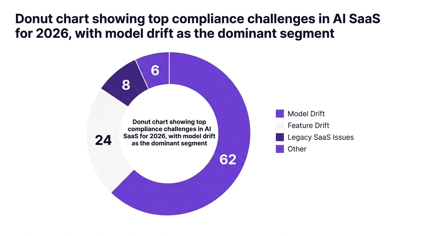 Pie chart showing donut chart showing top compliance challenges in ai saas for 2026, with model drift as the dominant segment — data visualization for top compliance challenges cited by enterprises in ai saas (2026)