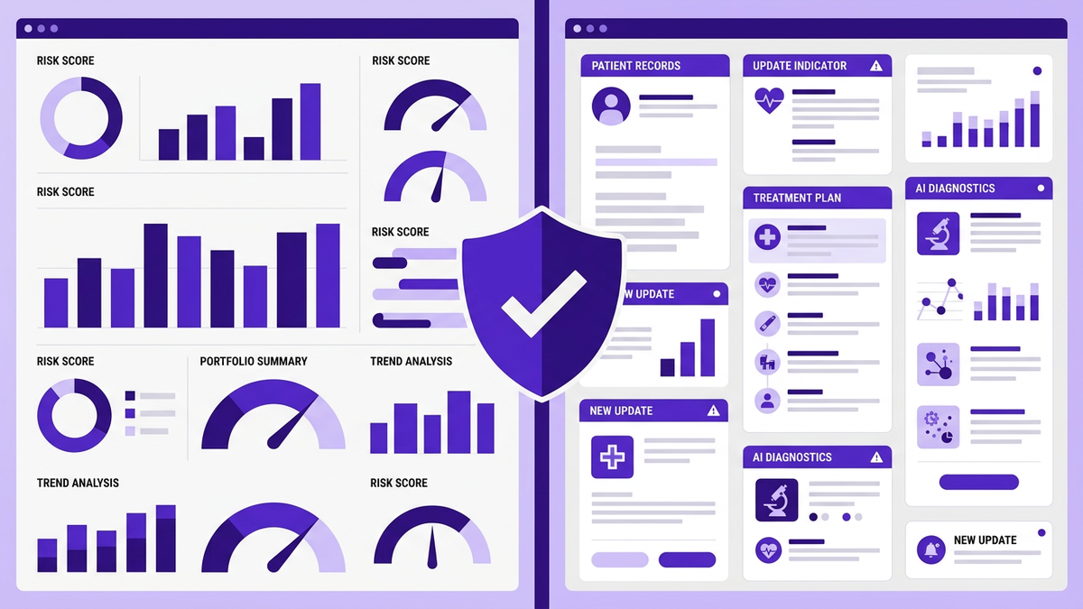 Split-screen flat illustration showing a banking dashboard and healthcare portal side by side, both overseen by a compliance shield icon representing AI drift governance