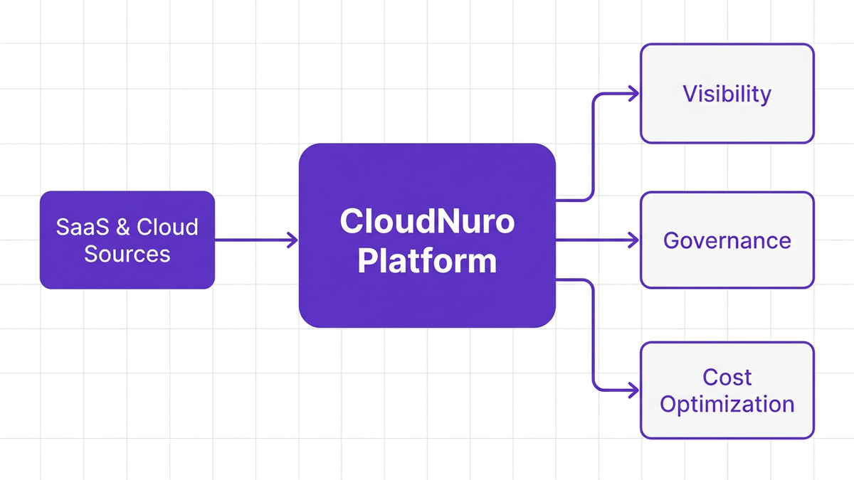 Process flow diagram showing SaaS and cloud data sources feeding into the CloudNuro platform, which branches into Visibility, Governance, and Cost Optimization outputs