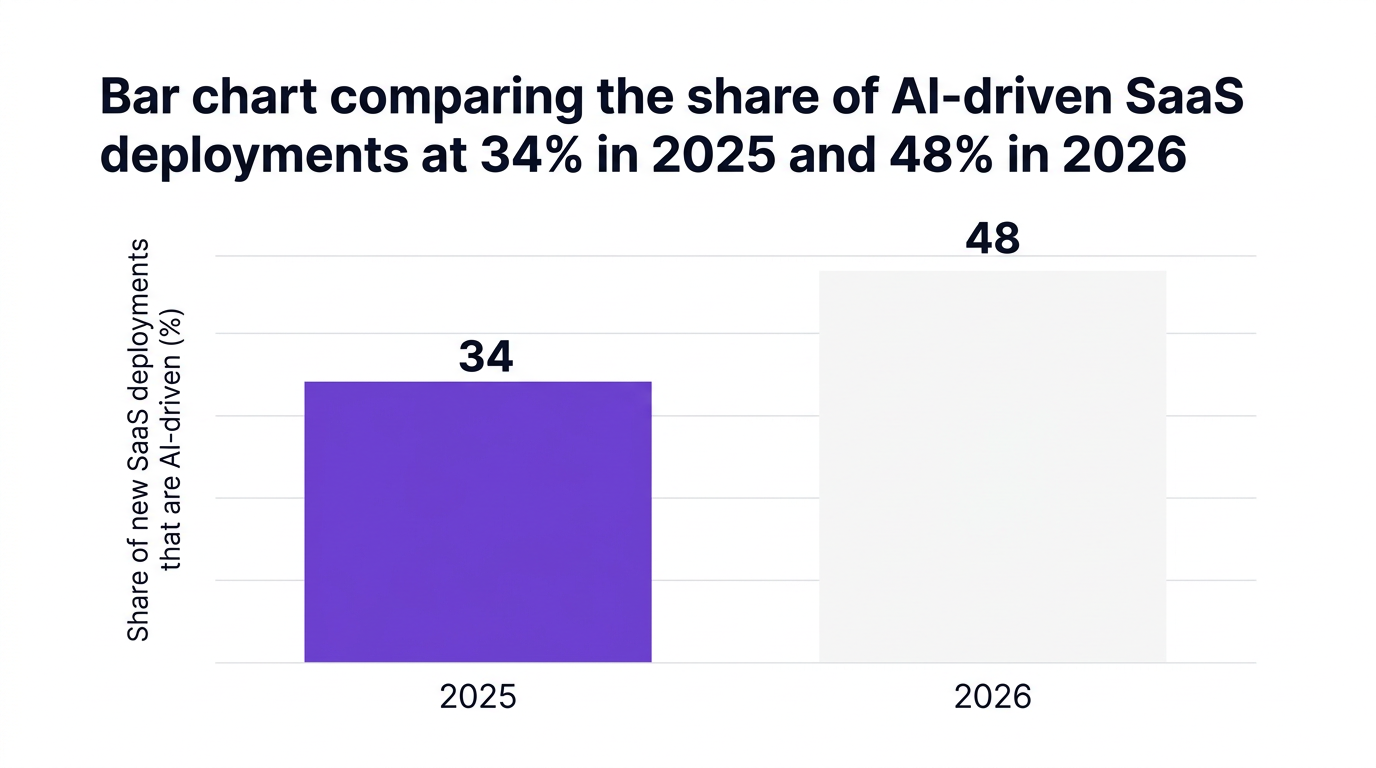Bar chart showing bar chart comparing the share of ai-driven saas deployments at 34% in 2025 and 48% in 2026 — data visualization for share of new saas deployments that are ai-driven (%)