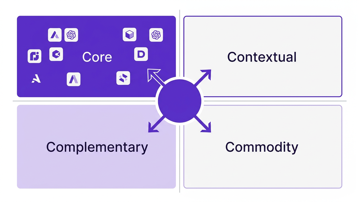 Flat illustration of the 4C Portfolio Framework showing four quadrants — Core, Contextual, Complementary, and Commodity — around a central governance hub