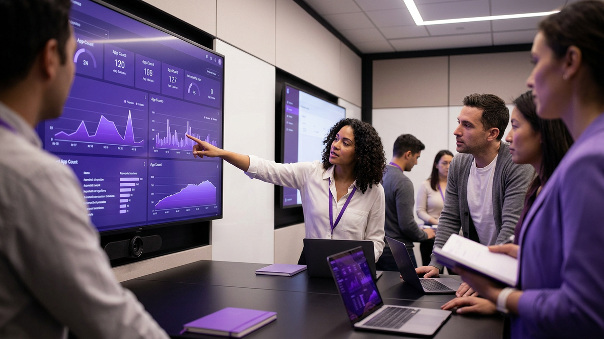 Enterprise IT team collaborating around AI and SaaS analytics dashboards in a modern conference room