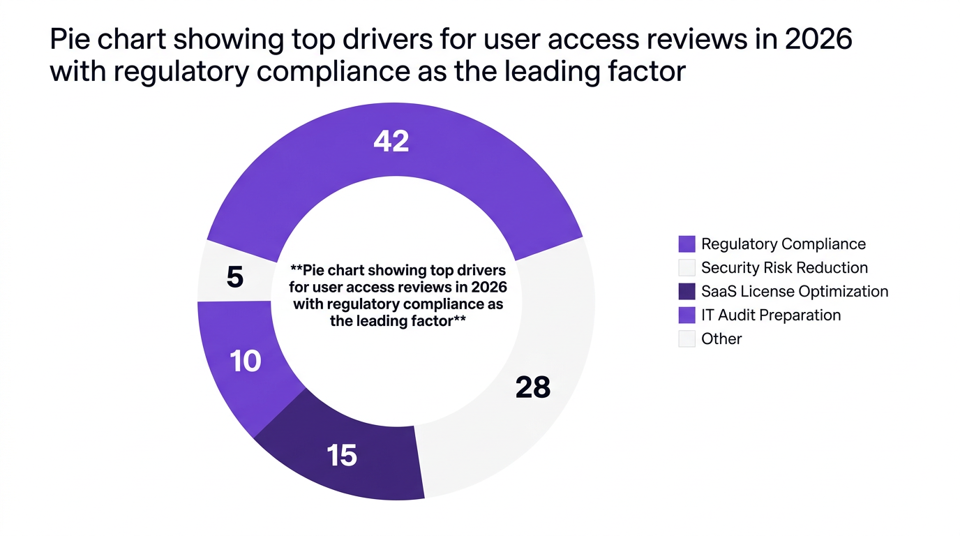 Pie chart showing pie chart showing top drivers for user access reviews in 2026 with regulatory compliance as the leading factor — data visualization for top drivers for user access reviews in 2026