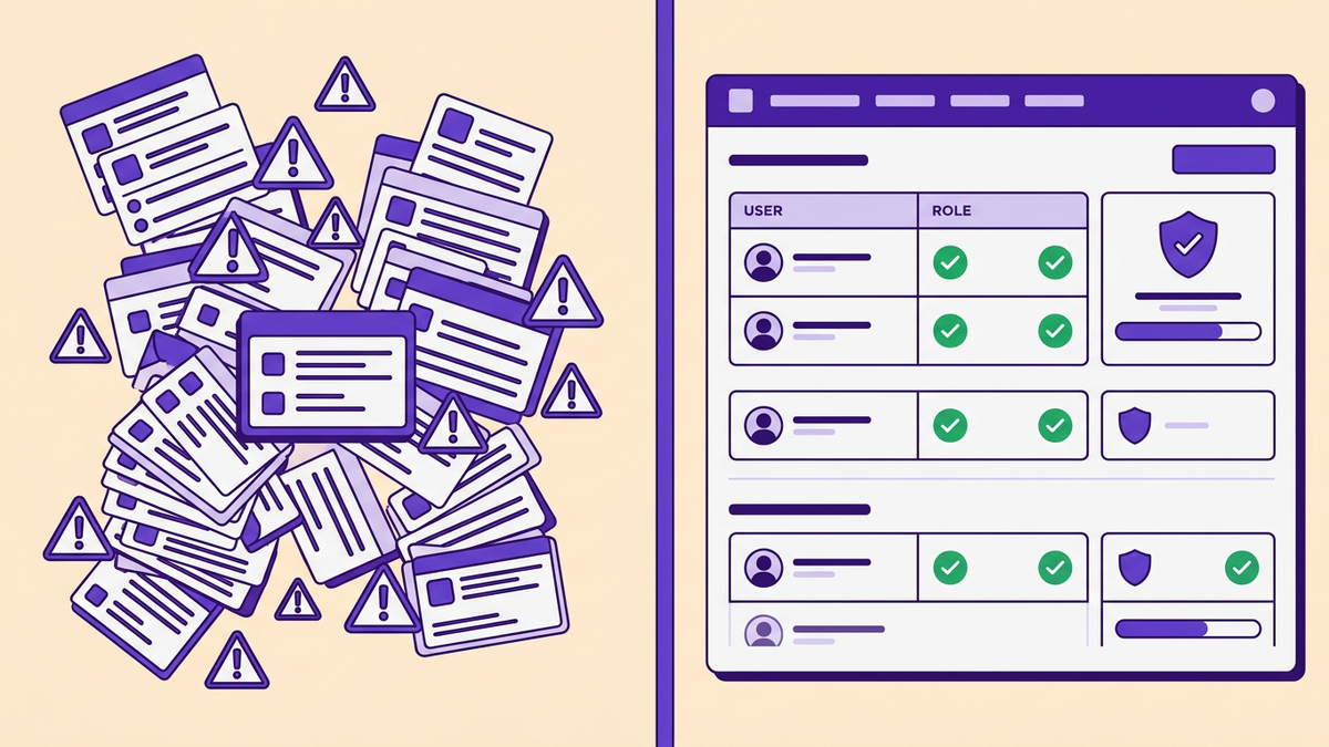 Split-screen flat illustration contrasting chaotic unmanaged access lists with a clean governed SaaS dashboard