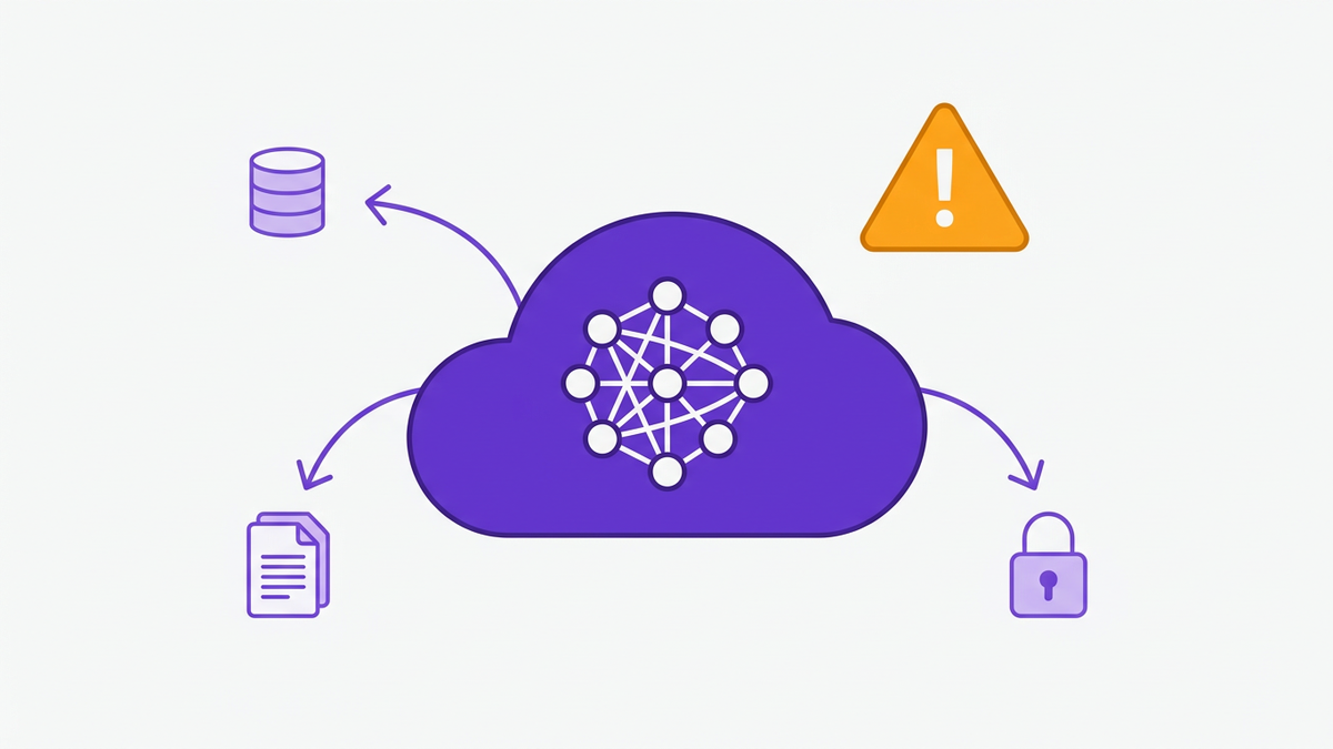 Flat editorial illustration showing a cloud SaaS application with an embedded AI node connecting to sensitive data sources and a warning icon