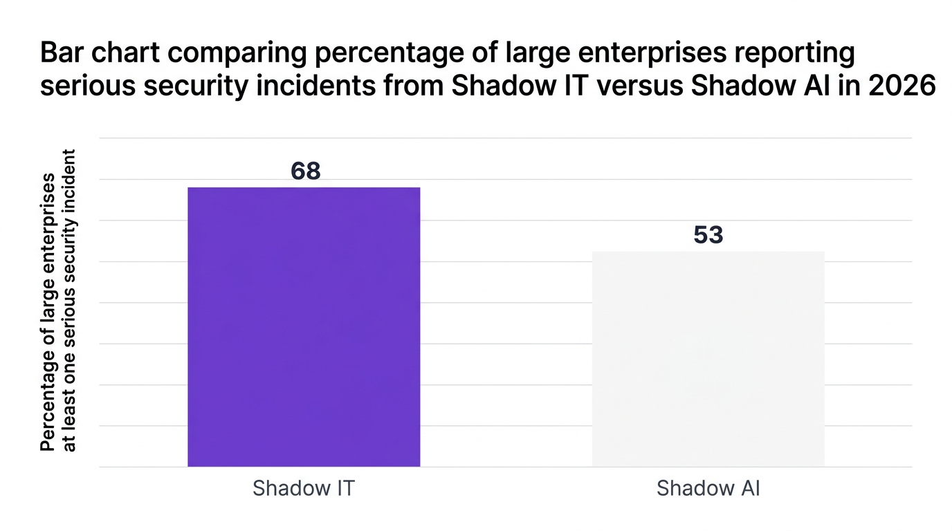 Bar chart showing bar chart comparing percentage of large enterprises reporting serious security incidents from shadow it versus shadow ai in 2026 — data visualization for percentage of large enterprises reporting at least one serious security incident