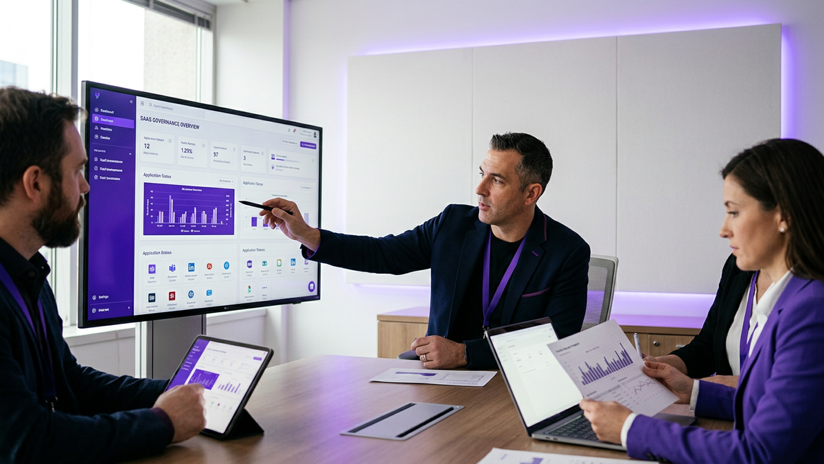IT and security leaders collaborating in a modern conference room while reviewing SaaS and AI application dashboards on a large screen