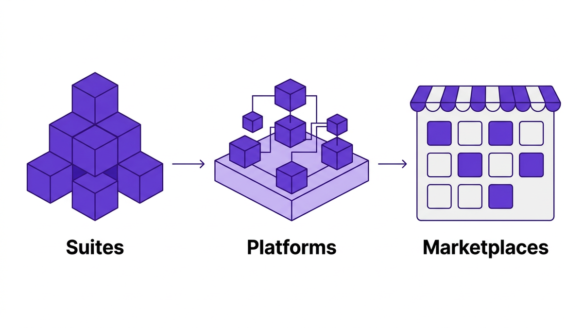Flat editorial illustration of three labeled horizontal sections representing Suites, Platforms, and Marketplaces in enterprise SaaS