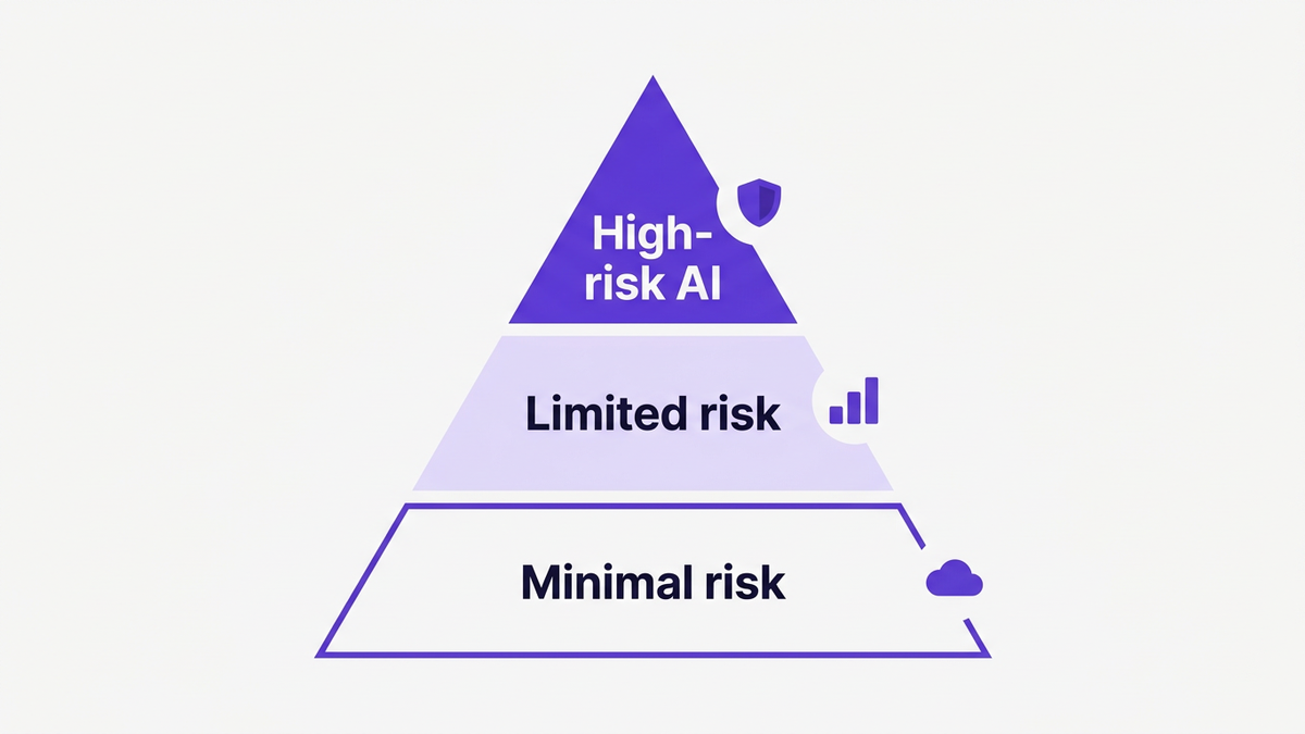 Flat editorial illustration of a layered pyramid showing AI risk classification tiers from minimal to high risk with SaaS icons