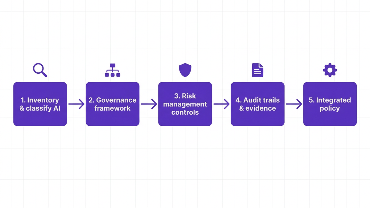 Horizontal five-step flow diagram illustrating the AI regulatory compliance roadmap from inventory and classification through integrated policy management