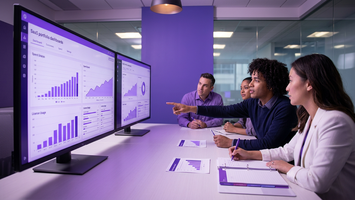Enterprise IT and finance professionals reviewing SaaS portfolio dashboards in a modern meeting room