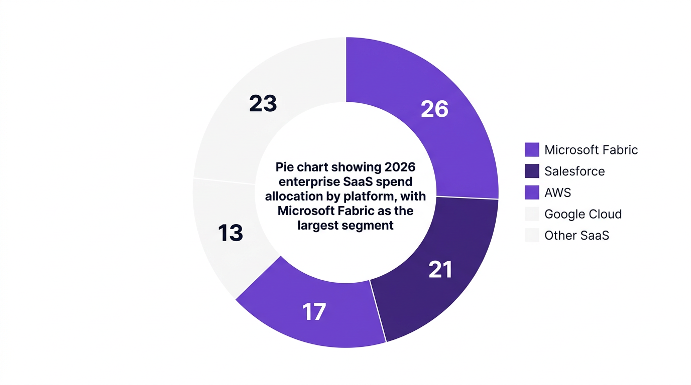 Pie chart showing pie chart showing 2026 enterprise saas spend allocation by platform, with microsoft fabric as the largest segment — data visualization for share of total enterprise saas and cloud spend, 2026