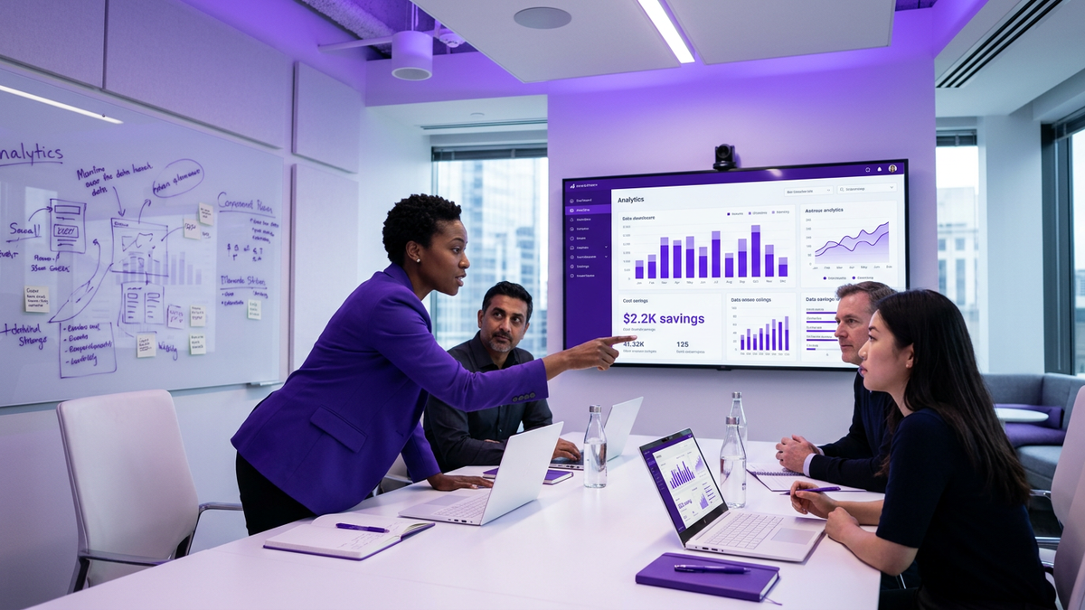 Enterprise IT and finance professionals collaborating around a conference table with analytics dashboards showing license governance data on large screens