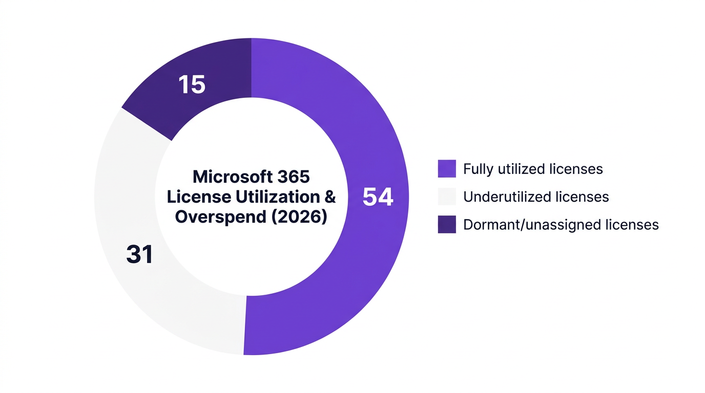 Pie chart showing microsoft 365 license utilization & overspend (2026) , data visualization for share of microsoft 365 licenses by utilization status