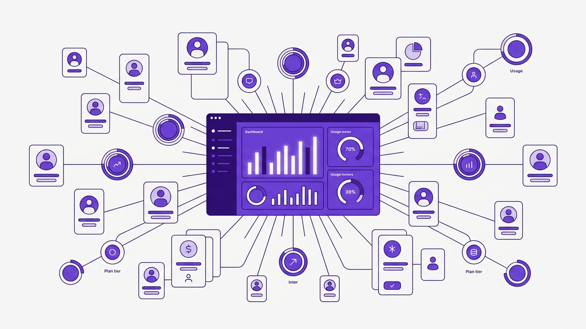 Flat editorial illustration of a unified SaaS dashboard showing license tiles, user icons, and usage indicators connected in a network
